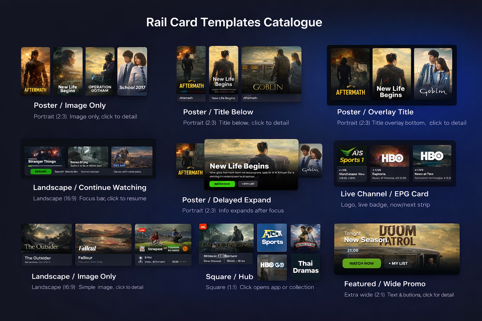 TV Studio Rail Card Templates Catalogue — showing portrait, landscape, live channel, and wide promo card types
